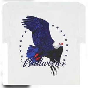 Budweiser White Tee with Blue Eagle and Red Accents
